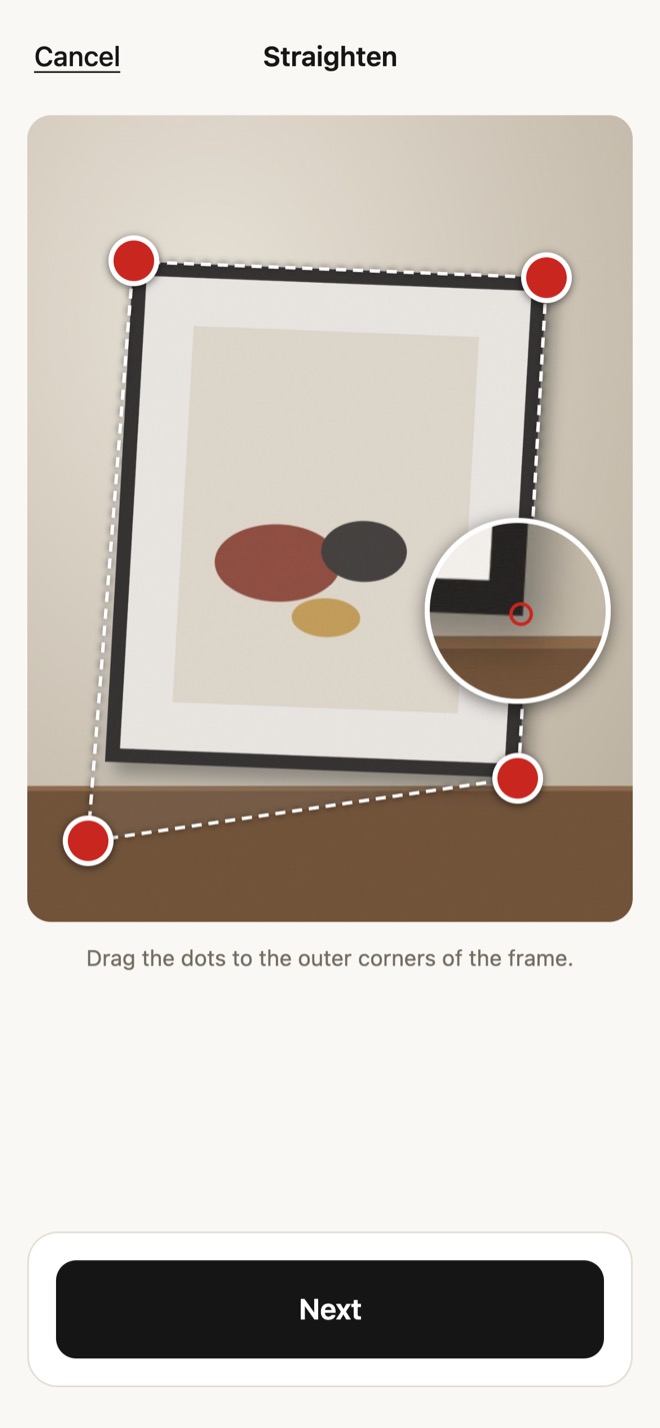 The Straighten screen: a framed piece photographed at an angle, with a dot being dragged to a corner of the frame and a magnifier showing the exact spot.