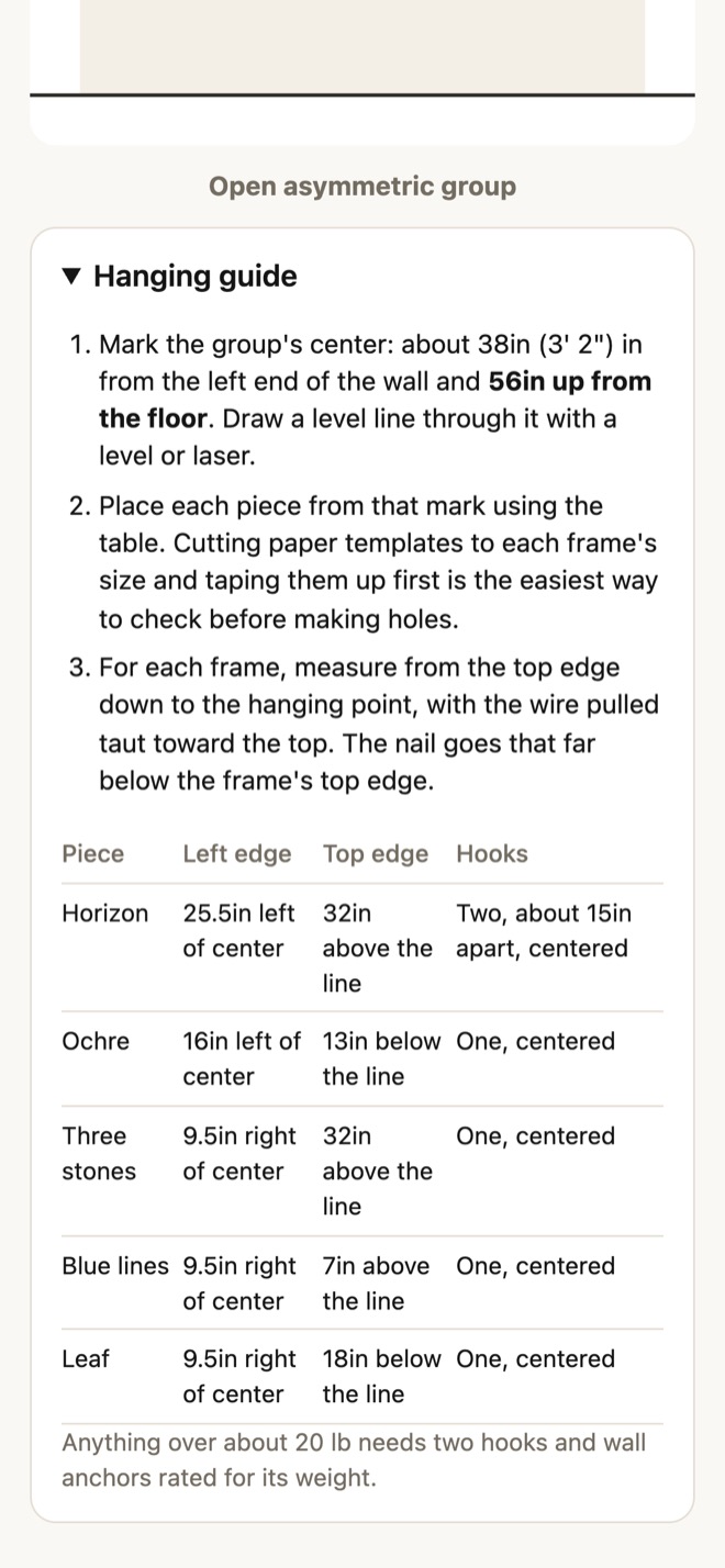 The Hanging guide: three steps starting from one level mark at the group's center, and a table giving each piece's left edge, top edge, and hooks.