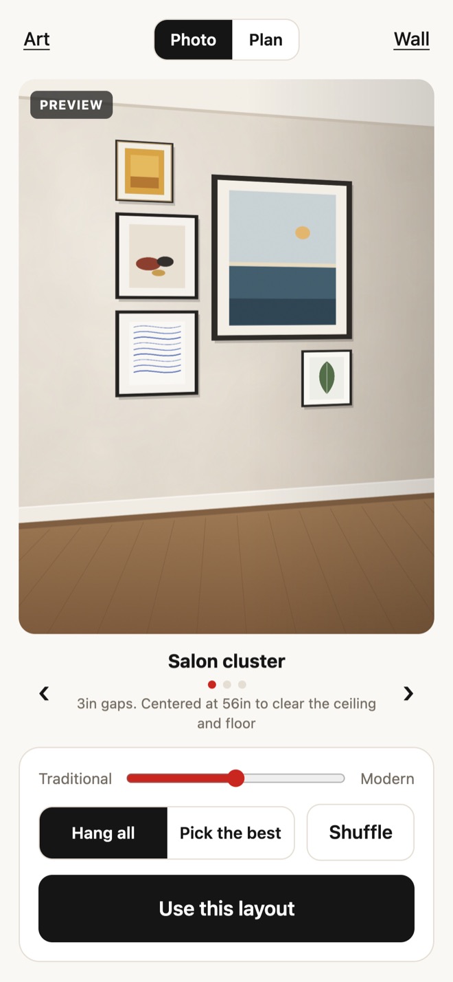 A second layout, Salon cluster, drawn on the same wall photo, with a note that it has 3 inch gaps and is centered at 56 inches to clear the ceiling and floor.